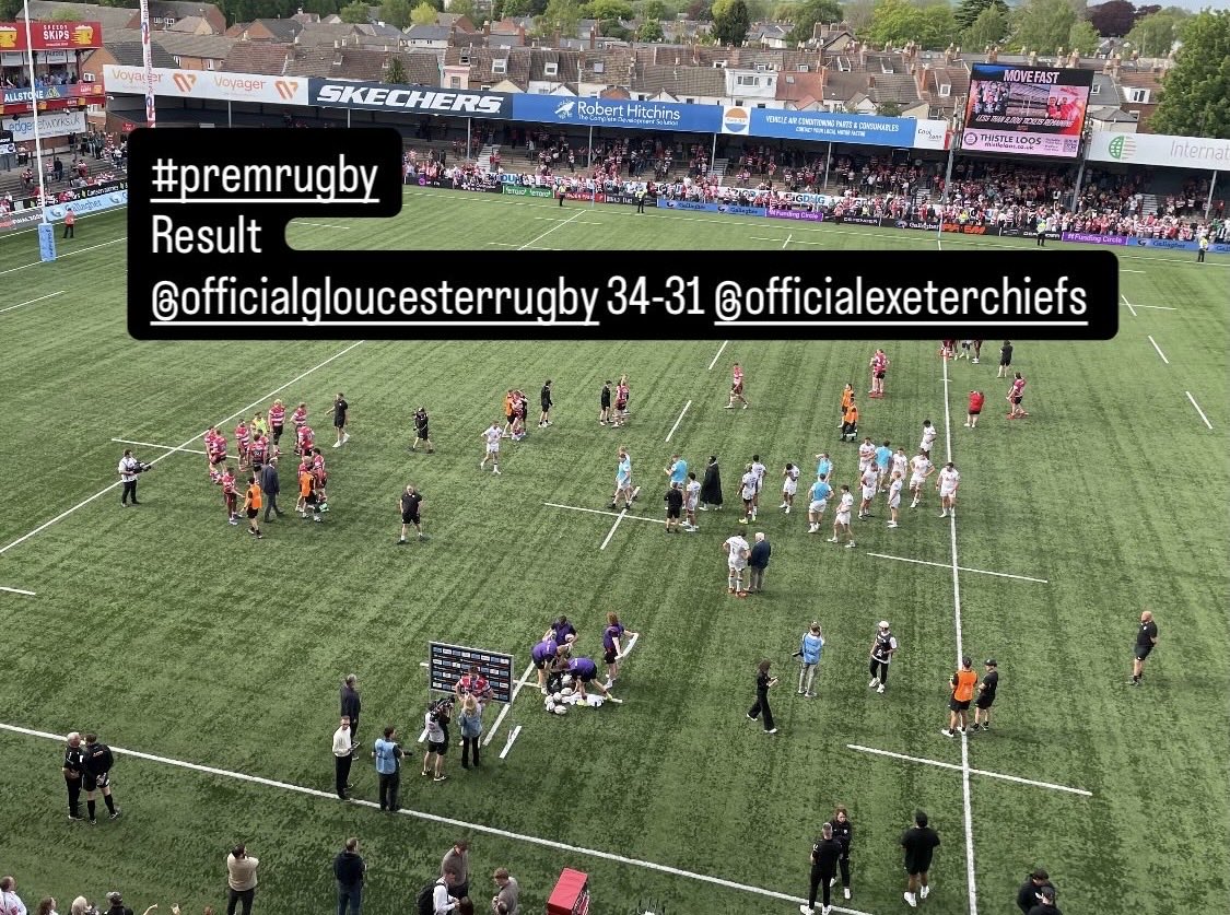 andywyman's tweet photo. #premrugby result ⁦@gloucesterrugby⁩ 34-31 ⁦@ExeterChiefs⁩  5 tries and plenty of physicality from The Cherry and Whites. #kingsholmfaithful loved that ⁦@BBCGlos⁩ https://t.co/wwBORycmSC