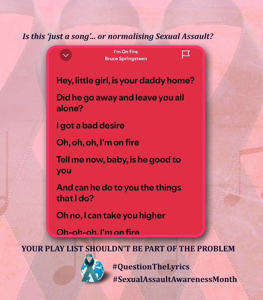 CatheyTweets's tweet photo. Day 26
#QuestionTheLyrics
#SexualAssaultAwarenessMonth https://t.co/hnxSkumNN7