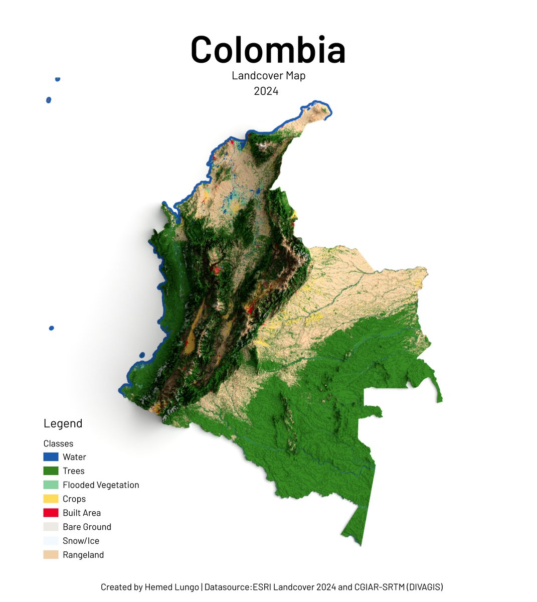 725Hemeed's tweet image. Colombia Landcover Map 2024 🇨🇴🗺️
From Andean glaciers to Amazon rainforests — Colombia's land cover mapped using ESRI Landcover 2024 by @impactobservatory &amp;amp; @esri, and CGIAR-SRTM DEM by divagis.
🛠️ QGIS · Blender 
#Cartography #Colombia #Landcover #data #gischat #qgis #b3d