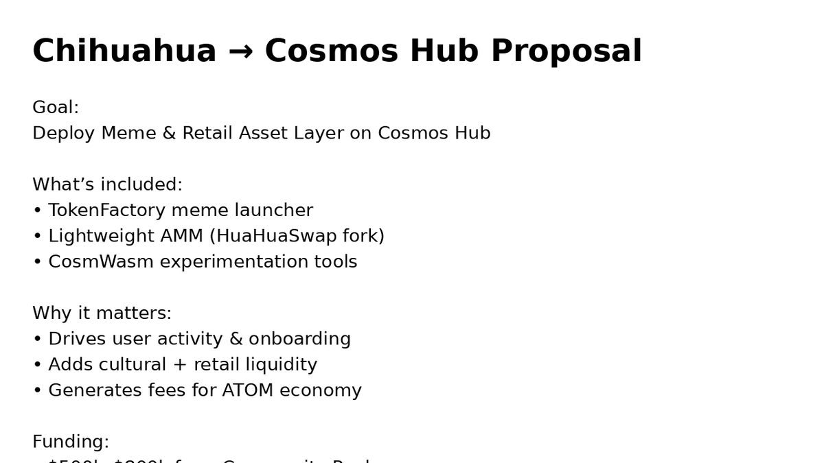 windpowerstake's tweet photo. @ChihuahuaChain gaiad tx gov submit-proposal --type=text \
--title "Chihuahua Meme Layer on Hub" \
--description '{"summary":"Deploy meme asset + AMM layer via CosmWasm &amp; TokenFactory. Low-cost, no merge, drives activity + fees to ATOM.",
--deposit 50000000uatom --from chi --chain-id cosmoshub-4 https://t.co/kbAf915tdb