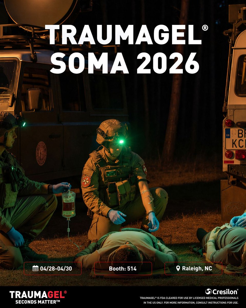 traumagel's tweet image. Stop by booth 514 at SOMA 2026 to learn more about TRAUMAGEL®.

traumagel.com

__

@SpecOpsMedics 

#secondsmatter #traumacare #soma2026
