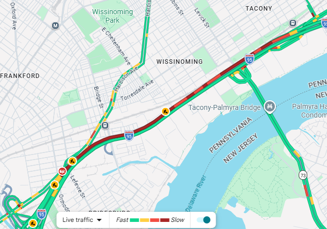 PhillyTrafficWX's tweet image. Google maps showing an accident on I-95 South at the Betsy Ross Bridge. Hard to tell on camera if it is a disabled vehicle or an accident but the center lane is blocked watch for stopped or slow moving traffic through the area. #Philly #Traffic #Sunday