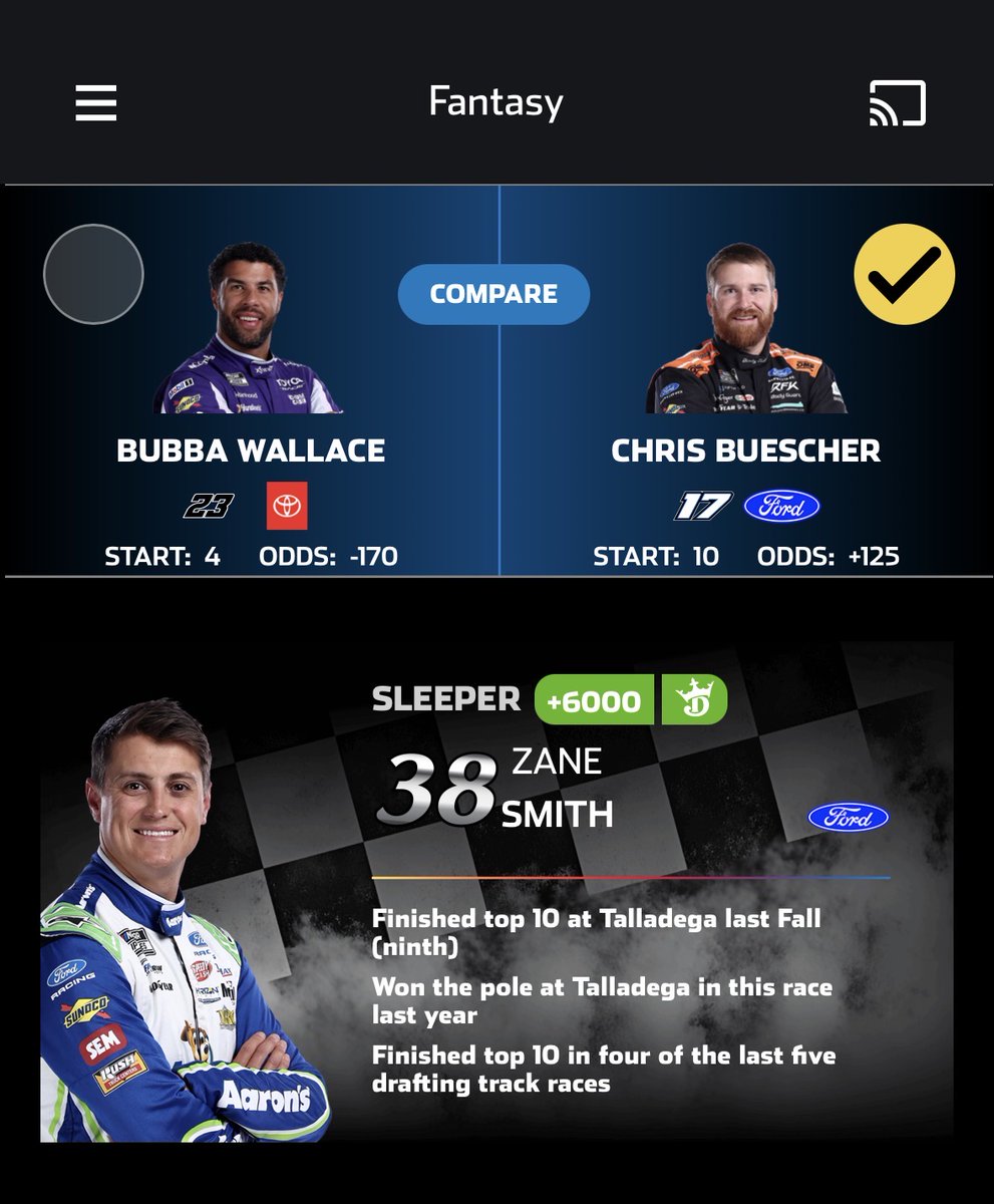 My NASCAR 36 for 36 driver winner and NASCAR Fantasy lineup &amp; matchups for today's Cup Series race at Talladega. 😎👊🏼🏁