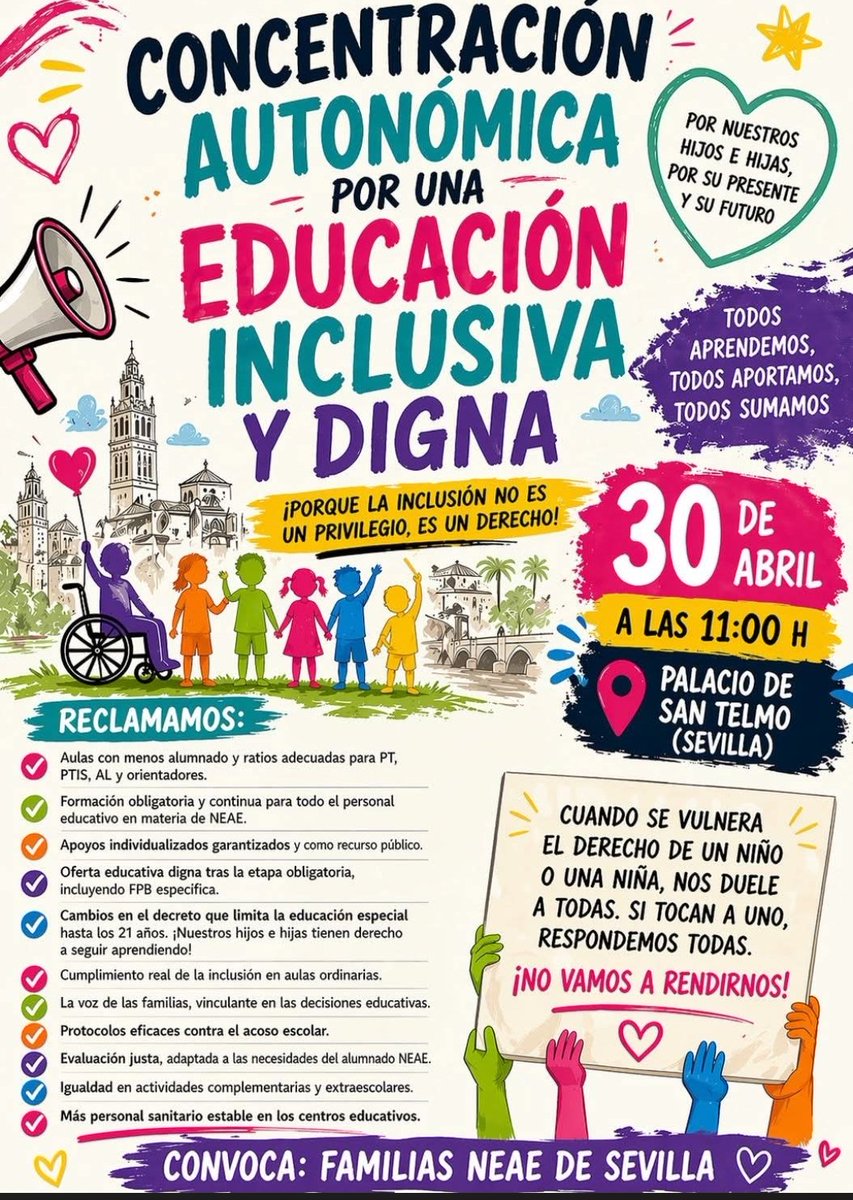 Se nos llena el corazón al ver las calles vibrando por los derechos del alumnado NEAE
¡Enhorabuena a esta gran comunidad andaluza que se ha creado! @FampaSevilla, como siempre, junto a las familias por una inclusión educativa real y plena 
Nos vemos el jueves