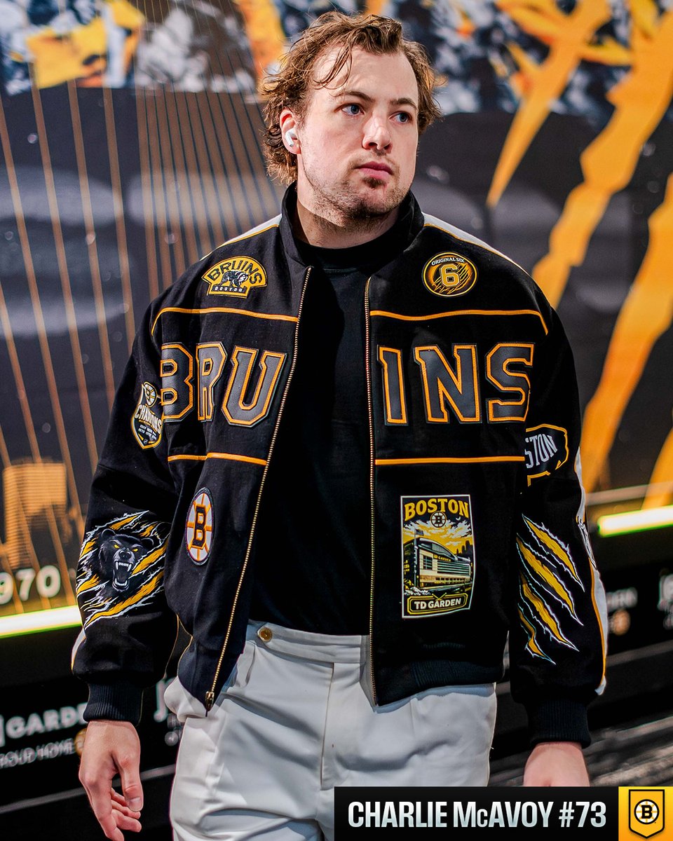 NHL's tweet photo. 11/10 jacket here from Charlie McAvoy 🔥 #StanleyCup 

Watch Game 4 between the @BuffaloSabres and @NHLBruins TODAY at 2p ET on @NHL_On_TNT, @Sportsnet, &amp; @TVASports! https://t.co/W55bAk5D13