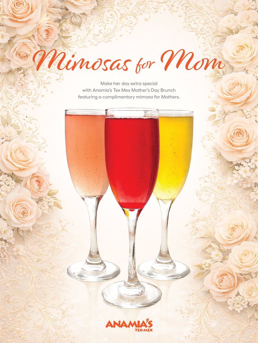 anamiastexmex's tweet image. Celebrate Mom with a brunch made for gathering, sharing, and savoring time together.❤️
At Anamia’s Tex Mex, we’re toasting to her with complimentary  Mimosas for Mom—a little sparkle for everything she does. 🥂

Make it a moment she’ll remember.

#MothersDay #mimosas #brunch