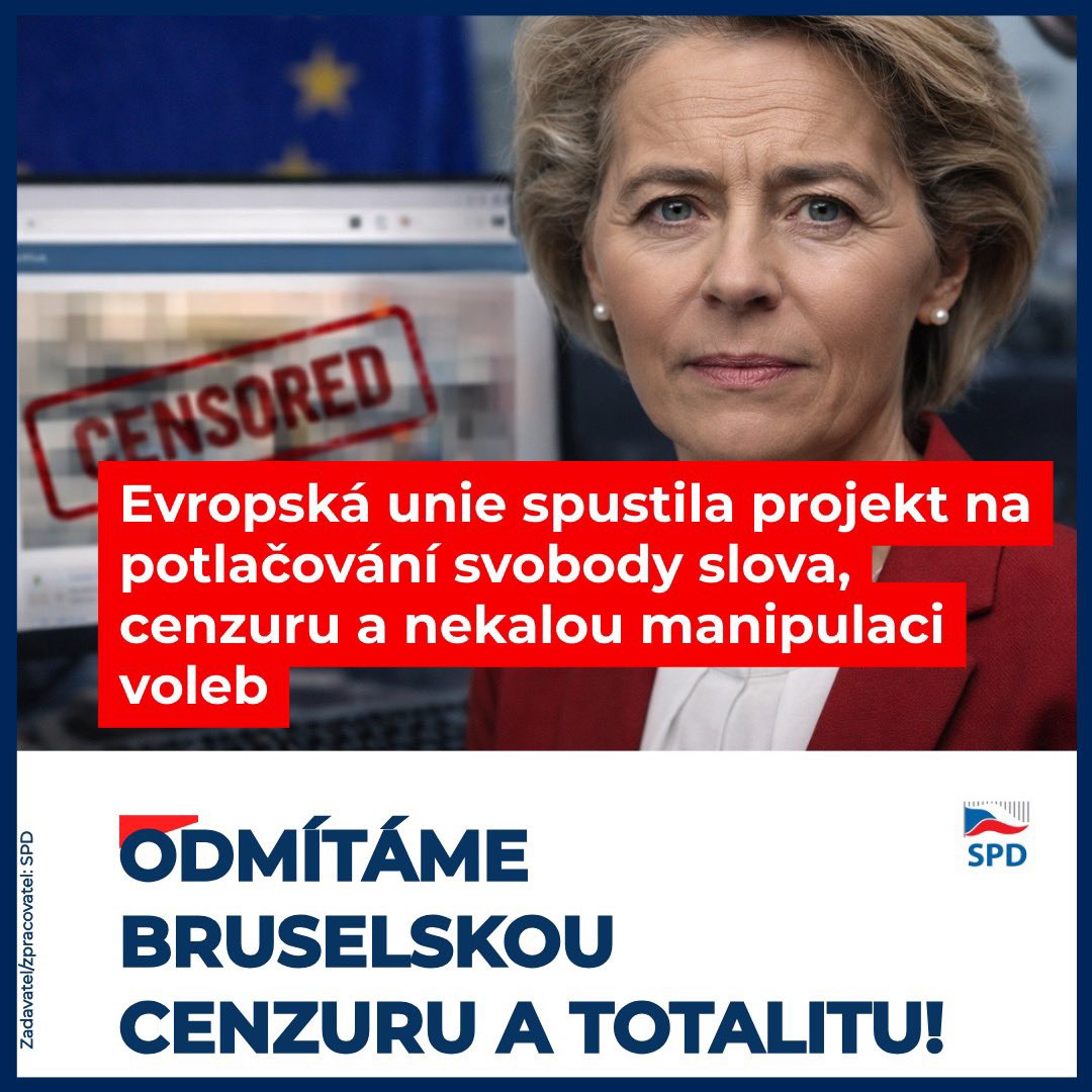 tomio_cz's tweet photo. Evropská unie spouští nový projekt na „ochranu demokracie“. Ve skutečnosti je to totalitní projekt na potlačování svobody slova a cenzuru🇪🇺🤫, který bude nekale manipulovat volební soutěž. Odmítáme bruselskou cenzuru a totalitu! Evropské centrum pro odolnost demokracie (European Centre for Democratic Resilience) vzniklo 24. února. Předsedkyně Evropské komise Ursula von der Leyenová při té příležitosti prohlásila, že nový orgán pomůže bojovat proti „zahraniční manipulaci s informacemi a dezinformacím“ a zajistí „otevřenou a spravedlivou veřejnou debatu“ v EU.

➡Šéfka unijní diplomacie Kaja Kallasová zvolila ostřejší tón: „Evropské demokracie jsou již nyní hlavním cílem zahraničního vměšování, a to i ze strany Ruska a Číny. Už nemluvíme o dezinformacích, ale o státem podporovaných operacích, jejichž cílem je zmást evropské občany a ovlivňovat způsob, jakým hlasujeme,“ zdůraznila. O věci informovaly Parlamentní listy.

➡Aby občané v evropských zemích nebyli tolik „zmatení“ a hlasovali „správným“ způsobem, rozhodla se Evropská komise loni v listopadu spustit ambiciózní projekt s názvem Štít pro demokracii. Nové Centrum pro odolnost demokracie je jeho klíčovou součástí.

➡Pod hlavičkou Štítu se skrývá celá řada kroků: od budování „nezávislé“ sítě „ověřovatelů faktů“ přes masivní financování vybraných médií až po důslednou regulaci digitálních platforem skrze Akt o digitálních službách (DSA).
Zvláštní pozornost budí plán rozdělit miliardy eur „prověřeným“ mediálním projektům. Součástí systému má být také propojení neziskových organizací, univerzit, médií a „expertů“, kteří budou společně bojovat proti nežádoucím narativům.

➡„Musíme si zvyknout na myšlenku, že ti, kdo milují svobodu, by se neměli bát Východu, ale Bruselu. Strašení Putinem je primitivní a neseriózní. Brusel je oproti tomu hmatatelnou realitou a zdrojem bezprostředního nebezpečí,“ prohlásil v souvislosti s nadcházejícími volbami Orbán a dodal, že se bruselské elity v zemi pokoušejí prosadit vlastní vládu, která by poslušně plnila jejich požadavky.
Proto také Maďaři přišli s vlastní iniciativou (Democracy Interference Observatory), která se bude zabývat tím, jak instituce EU, regulační orgány, digitální platformy a nevládní organizace financované EU ovlivňují volby v zemi.

 ✅Jsem rád, že v naší nové vládě jsme se shodli, že chceme udržet svobodný informační prostor. Ministerstvo vnitra nebude nástrojem omezování svobody projevu ani „velkým bratrem“.

 ✅Zamezíme zneužívání státní represe proti občanům za jejich názory. Nikdo nesmí mít strach projevit svůj postoj.

 ✅Zamezíme zneužívání státní moci a represivních složek vůči občanům za jejich názory či veřejné postoje. Svoboda projevu je nedotknutelná. Zajistíme důslednou ochranu soukromí občanů.

#Eu #cenzura
