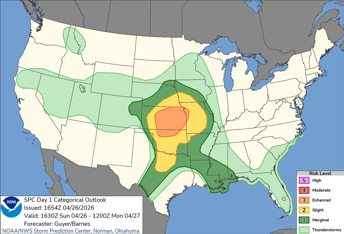 NWSSPC's tweet image. 11:55am CDT #SPC Day1 Outlook Enhanced Risk: across Kansas and northern Oklahoma to western Missouri spc.noaa.gov/products/outlo…