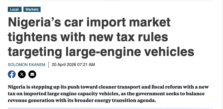 iOccupyNigeria's tweet photo. Nigeria Green Tax Wahala: Dem Dey Tax Poor People While World Don Move On 

At the time wey Nigerians dey battle serious inflation wey never happen before, naira don scatter, and basic infrastructure don almost collapse finish, Tinubu government don find new policy objective: creative extortion. 

Under one thin cover wey dem call “clean transport” and “fiscal reform,” government don come for your car engine size. E for funny if the matter no serious like this; na clear example of leaders wey no connect with reality at all.

Make we talk am clear: this no be about environment. Na about government wey don run out of ideas and now dey find money from pocket of middle class wey don already suffer tire.

Global Mirage

Government dey try play international big man by copying climate policies wey don already dey fall apart for Western countries. United States wey sell more new motor in a day than dem dey sell for Nigeria in a year, cancell ALL greenhouse emission standards for vehicles. Meanwhile, under Tinubu, Nigeria dey double down on greenhouse standards, something wey no real. Na like person wey wan build mansion on top swamp. This no be policy; na imitation without capacity.

Nigeria no get working power grid. Millions of people and businesses dey depend on petrol and diesel generators just to survive. For country wey public transport no dey reliable, transportation no be choice, na survival. Yet, policymakers for Abuja decide to put 2% to 4% surcharge on imported cars wey pass 2000cc.

To make matters worse, wetin dem call “luxury” no be "luxury" at all.  To Tinubu, 2000cc engine be like say na rich man level. But in reality, na the normal cars wey Nigerians dey use every day. No be Ferrari, no be private jet. Na the cars wey fit handle bad roads and long distance.

Make we break am down, these na normal cars wey plenty Nigerians dey use wey fall inside this category:

Toyota Camry (2.4L / 2.5L)
Honda Accord (2.4L / 2.0T)
Toyota RAV4 (2.5L)
Lexus RX 350 (3.5L V6)
Toyota Highlander (2.7L / 3.5L)
Honda Pilot (3.5L)
Nissan X-Trail (2.5L)
Mercedes-Benz C300 (2.0L Turbo)
BMW 3 Series (330i variants)
Toyota Venza (2.5L)

To call 2008 Camry “luxury” no make sense at all. These na tools wey middle class dey use take go work because government never provide any real alternative.

Government wey no fit provide 24-hour light no suppose dey punish people because of engine type. We no get charging infrastructure. We no get EV manufacturing capacity. We no even get stable currency to support that kind transition.

Wetin we get na government wey dey find revenue everywhere and see every car owner as ATM. This no be environmental policy; na fiscal opportunism. Rich people no go feel am, dem go just add am to cost. But average Nigerian wey already dey struggle with food price and fuel cost now dey pay extra “green tax” just to drive old Toyota for bad road or to take transport.

Good policy dey solve problems. This one dey create more problems and still charge people for the so-called solution. This no be leadership. Na extraction.