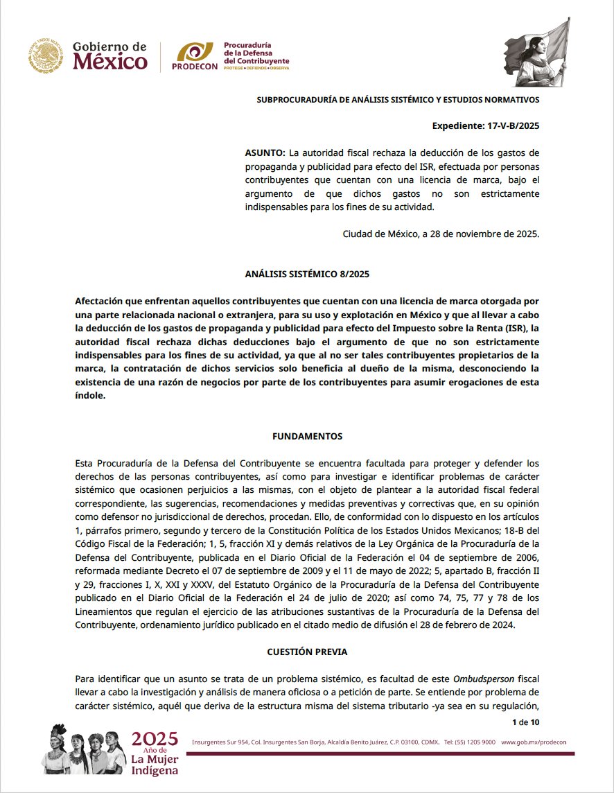 El Análisis Sistémico 8/2025 PRODECON no es bala única.
Resuelve un frente bajo Art. 27 fr. I LISR y deja tres abiertos: Art. 28 fr. XXII LISR, precios de transferencia bajo BEPS y razón de negocios bajo Art. 5-A CFF.
Análisis completo: fiscusandlex.com/analisis-siste…