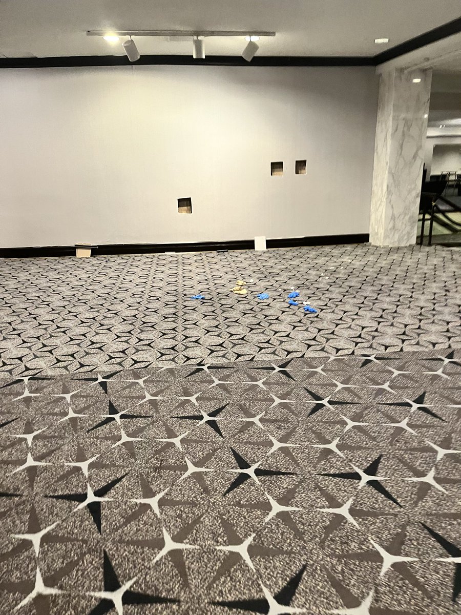 news_jul's tweet image. NEW: Bullets that struck a wall outside of last night’s White House Correspondents dinner have been cut out, according to this photo of the aftermath shared with me @NBCNews 

You can see gloves and first-aid remnants on the carpet