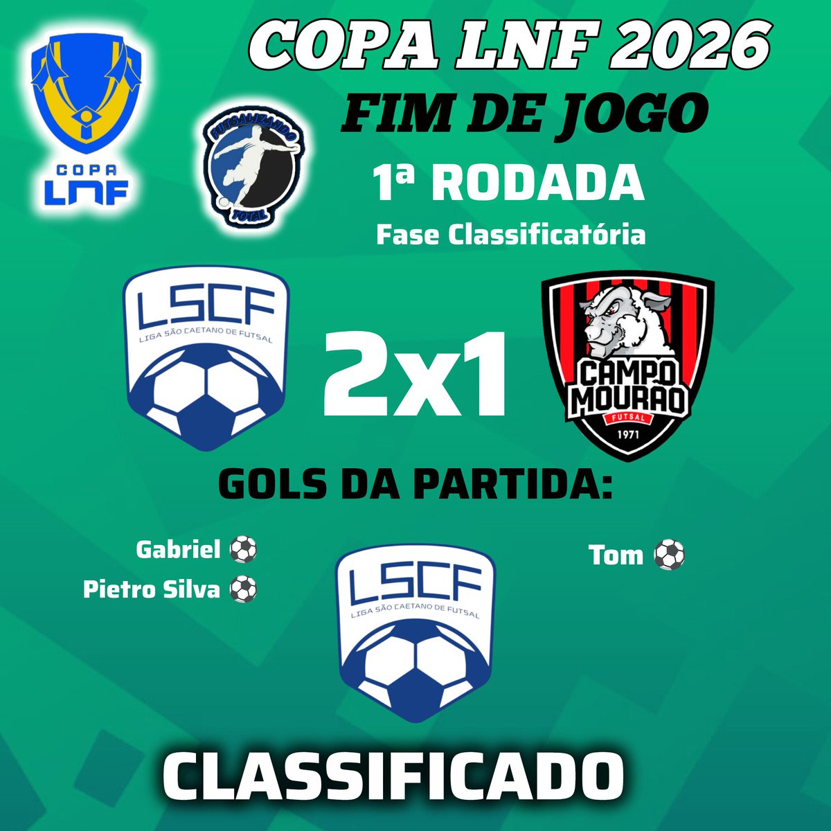 FutsalizandoTT's tweet photo. COPA LNF 2026

O São Caetano venceu o Campo Mourão por 2 a 1 e avançou na Copa LNF 2026.

#FutsalizandoTotal #CopaLNF #CopaLNFCresol #CopaLNF2026 https://t.co/jBmz5stir2