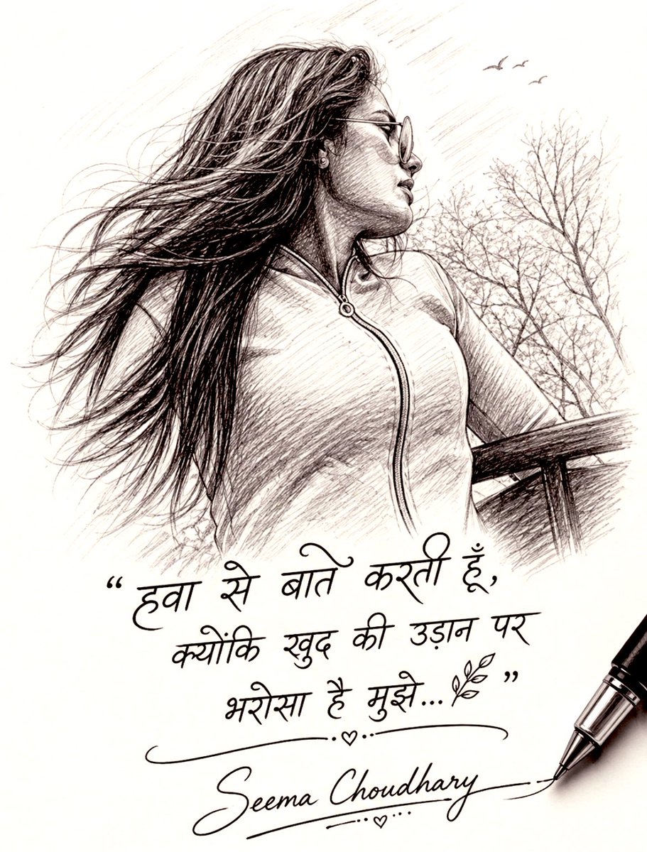 SeemaCh42005522's tweet image. हवा से बातें करने का हुनर है मुझमें,
क्योंकि खुद की उड़ान पर पूरा यकीन है… 🌿

#SelfLove #Confidence #IndependentGirl #Attitude #Shayari #HindiQuotes #WomenEmpowerment #BelieveInYourself #SeemaChoudhary #Vibes #Aesthetic #SketchArt #PositiveVibes #Motivation