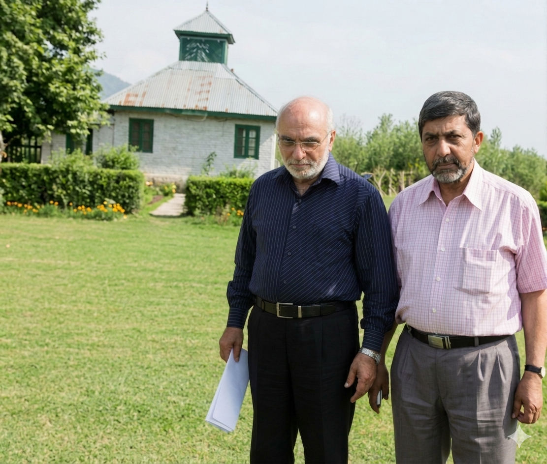 Archive: A small island on Dal Lake. The modest mosque in the background is believed to have hosted prayers by Allama Iqbal in 1920. The island belongs to the Kakroo family of Baramulla. This photograph predates the 2014 floods. I and Dr Wahid.