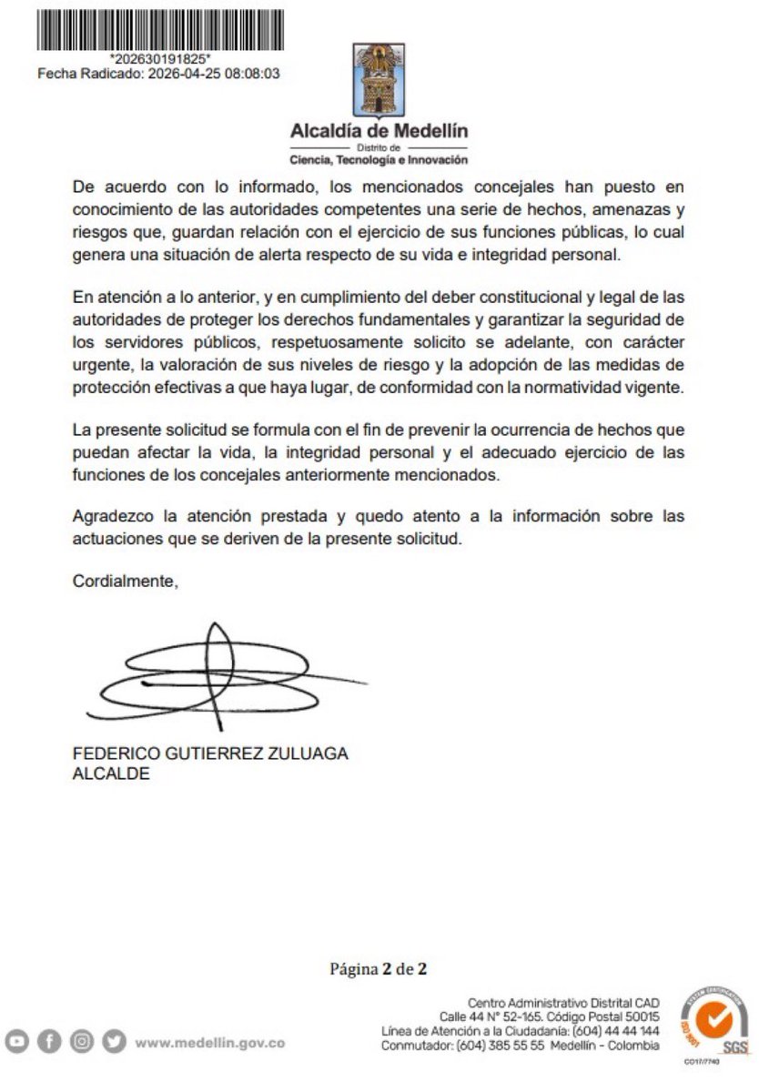 El alcalde Federico Gutiérrez pidió al Gobierno evaluar niveles de riesgo en materia de seguridad de cuatro concejales de Medellín que denunciaron amenazas. Algunos han realizado denuncias sobre asuntos como la polémica fiesta con voceros de la paz urbana en la cárcel de Itagüí.