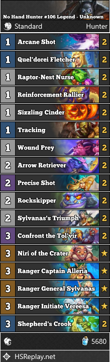 neon31HS's tweet photo. [STANDARD] Unknown reached #106 Legend with No Hand Hunter.

Score: 10-2

▼ Deck Code and more:
https://t.co/ekyDzO9fah

#StandardHS #Hearthstone https://t.co/dIoWPprWwo
