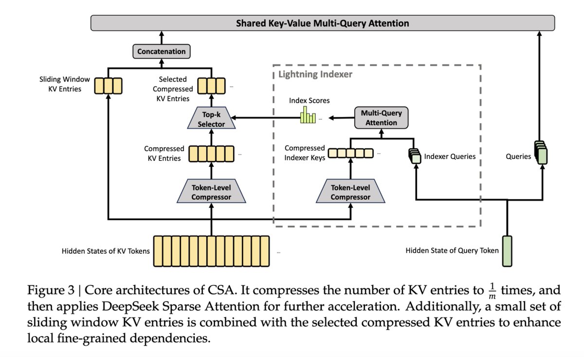 neural_avb's tweet photo. Btw Deepseek can do this coz they do SO MUCH KV compression with those CSA + HCA layers.

CSA (compressed sparse att) groups 4 tokens in the same block. HCA (heavily compressed att) group 128 tokens together! These alternate at each layer!

If you a harness dev, you now MUST MUST design harnesses that maximize prefix persistence across requests. Tbf, most harnesses already do this, so this shouldn’t be news to you, but you are rewarded more handsomely now.

DeepSeek continues to give us some of the most open innovations in LM training/inferencing. I feel other LLM providers are gonna follow suit watching this and make these architectural changes.