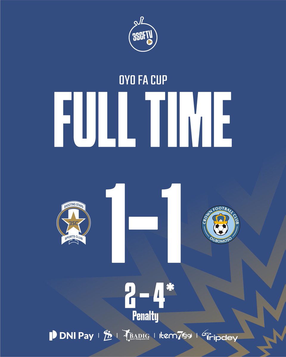 3scfanstv's tweet photo. FULL TIME (PENALTIES) 

Shooting Stars fall short in the shootout.

SHOOTING: ❌✅✅❌
CROWN: ✅✅✅✅

Crown FC are Oyo State FA Cup champions.

#SHOCRO | #FederationCup https://t.co/LpbEMuov4v