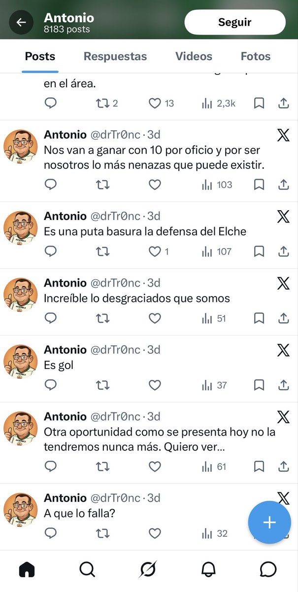 PabloPaBa's tweet photo. @drTr0nc Por fin? Macho eres de las personas más anti Elche que he visto en redes, de verdad te lo digo sin acritud ninguna, solo hay q revisar un poco todos los Twitts q publicas, tiene q ser agotador estar haciendo fuerza todos los partidos del Elche para que pierdan… https://t.co/2FNdkMw230