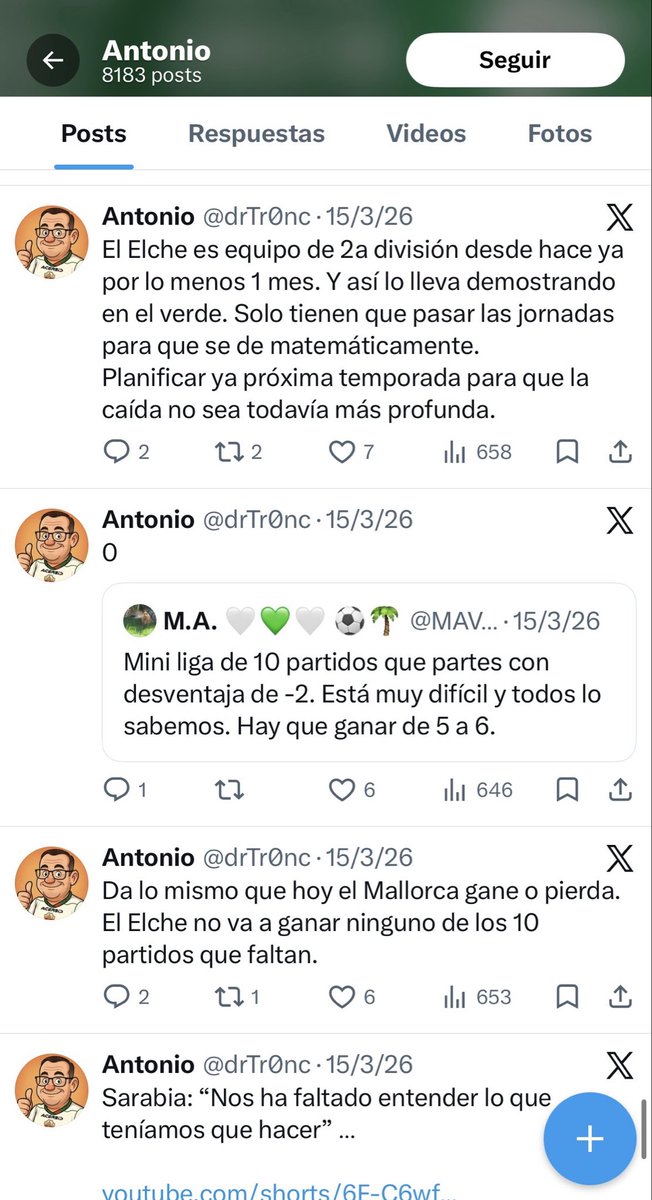 PabloPaBa's tweet photo. @drTr0nc Por fin? Macho eres de las personas más anti Elche que he visto en redes, de verdad te lo digo sin acritud ninguna, solo hay q revisar un poco todos los Twitts q publicas, tiene q ser agotador estar haciendo fuerza todos los partidos del Elche para que pierdan… https://t.co/2FNdkMw230