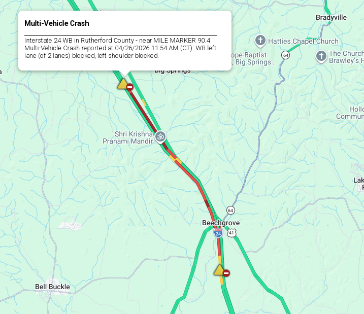 LiveTraffic2's tweet image. Rutherford/Coffee County- A crash has traffic backed up on I-24 westbound at 90 mm 12:04pm CT. commanderchuck.net #CommanderChuck #Chattanooga #Nashville #Tennessee #TDOT #Traffic #TrafficAlert #Follow #Weather