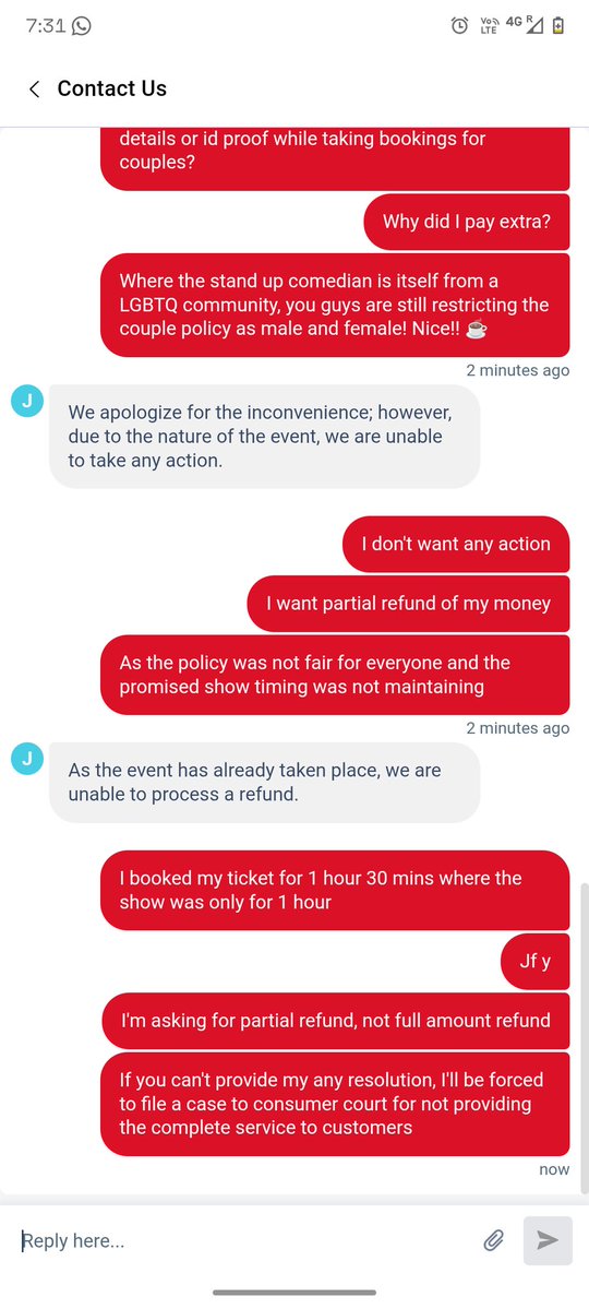 PujaDas04043660's tweet image. disappointed w @bookmyshow  show was advertised as 1.5 hours but ended in just 1 hour.I was denied a couple ticket for 2 females, while I clearly saw other female pairs entering with couple tickets. #unfairpolicy #worstcse
#poorcustomerservice
@jagograhakjago