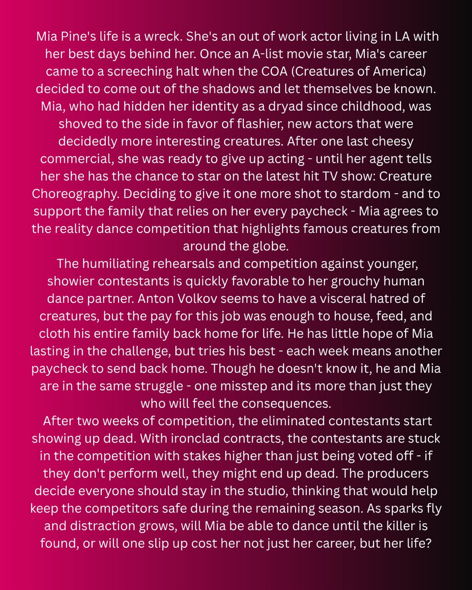 violetmgzwrites's tweet image. Current #query for #questpit, Creature Choreography, a 74K manuscript about a reality dance competition that pairs magical creatures with human dancers that quickly becomes a fight for survival as eliminated contestants start showing up dead #a #q #pr #WritingCommunity