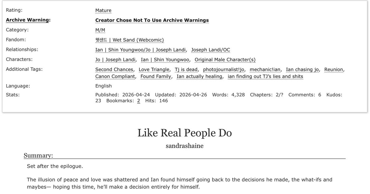 worthofainee's tweet photo. Chapter 2 is up now! I added more tags hehe. And this is another Ian-centric chapter because I just have to show him actually trying to heal and healing.
Title: Like Real People do
Link: https://t.co/5A36gm0qHB…
#WetSand #JosephLandi #IanShin #JoIan https://t.co/Hz8pCU3nDQ