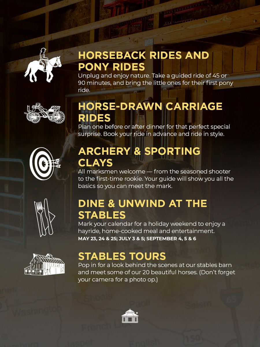 FL_Resort's tweet photo. Big summer savings are calling ☀️🐎
Ride through Hoosier National Forest, enjoy a carriage, then try archery or sporting clays. Best part? No flights—just an easy one‑tank getaway. 

Book 3 Nights, Get 1 Free! 
Use code: B3G1

#FrenchLickResort #100DaysOfSummer https://t.co/h0ZFlDzkj2