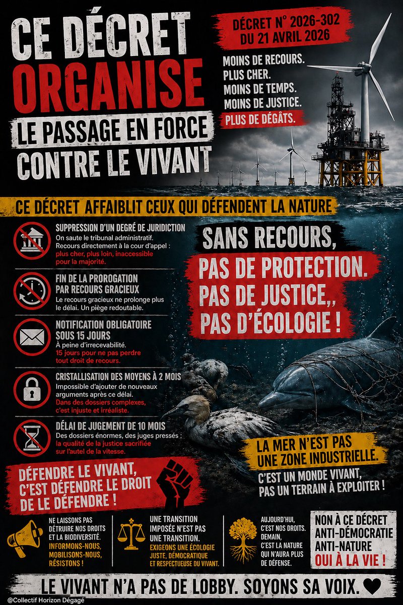 🚨Ce décret organise le passage en force contre le vivant:

Il faut arrêter de tourner autour des mots. Le décret du 21 avril 2026  « relatif à la simplification de la procédure contentieuse en matière environnementale et à l’accélération de certains projets » n’est pas une