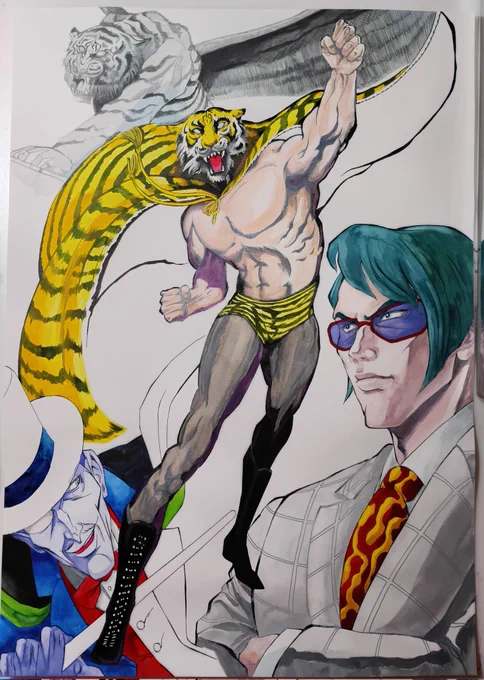#WIP #水彩 肌色に黄色を足すと'70年代少年マンガムードに。 もうちょいガシッとコントラストが付くように塗っても良さそう。影も足す。インクの上に絵の具が乗ってるけど最後に黒絵の具で塗り足すから完成はピシッとなる筈。 虎の穴の立像は筆描き。 各人コントラストきつめに塗ってから背景へ。