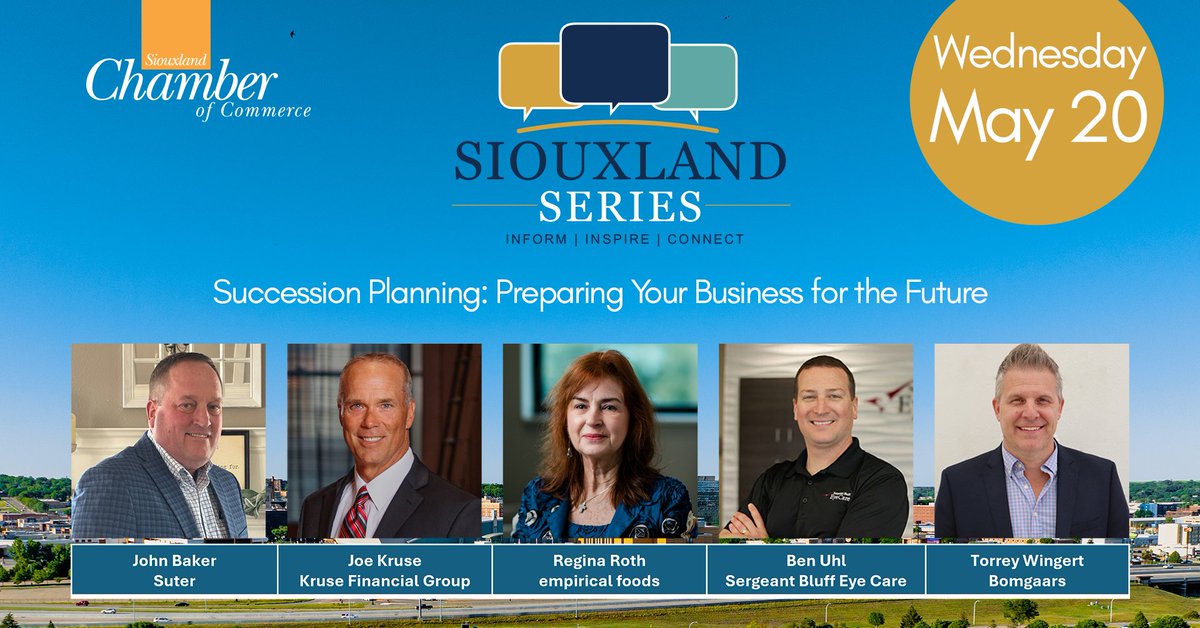 <a href="/SiouxlndChamber/">Siouxland Chamber</a> members: Reserve your seat today for the Siouxland Series Luncheon, Wednesday, May 20, 2026, at noon featuring a powerful panel discussion on succession planning. It's one of the most critical topics facing businesses today.
directory.siouxlandchamber.com/events/details…