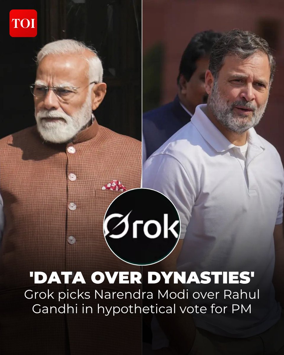 timesofindia's tweet image. #Grok, the AI chatbot, has sparked renewed debate by hypothetically stating it would vote for Prime Minister #NarendraModi if it were an Indian citizen. The #chatbot cited economic growth, infrastructure, and digital transformation as reasons for its preference, contrasting this