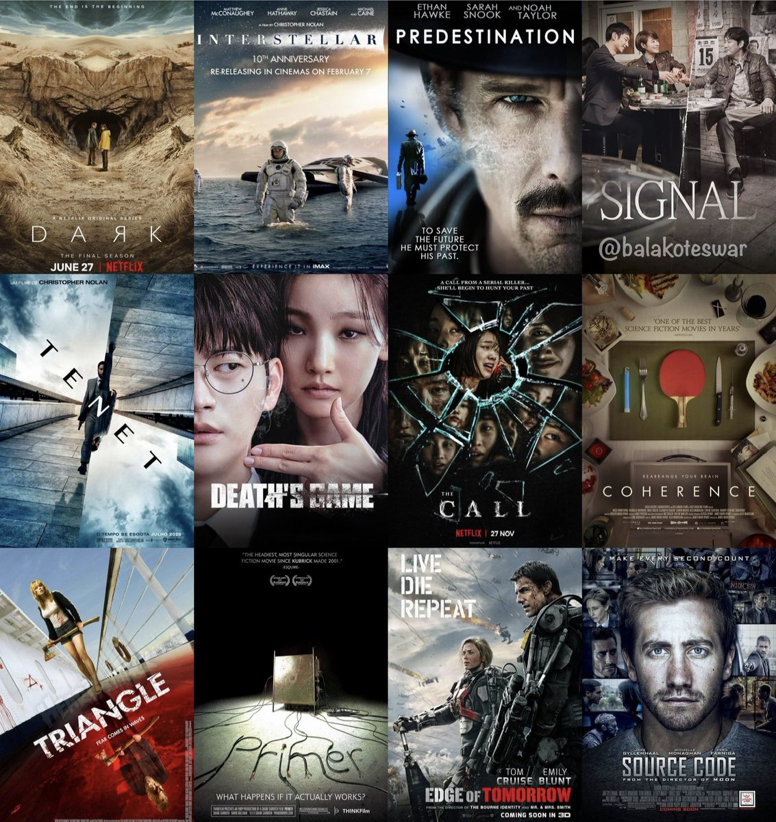 balakoteswar's tweet image. 🧠🔥 Ultimate Time Travel / Time Loop Watchlist (Global Edition) 🌀

1. #Dark (Series): The perfect paradox [Netflix: ENG/German]
2. #Interstellar: Science meets emotion [JioHotstar, PrimeVideo: ENG]
3. #Predestination: Identity loop madness [PrimeVideo: ENG]
4. #Signal: