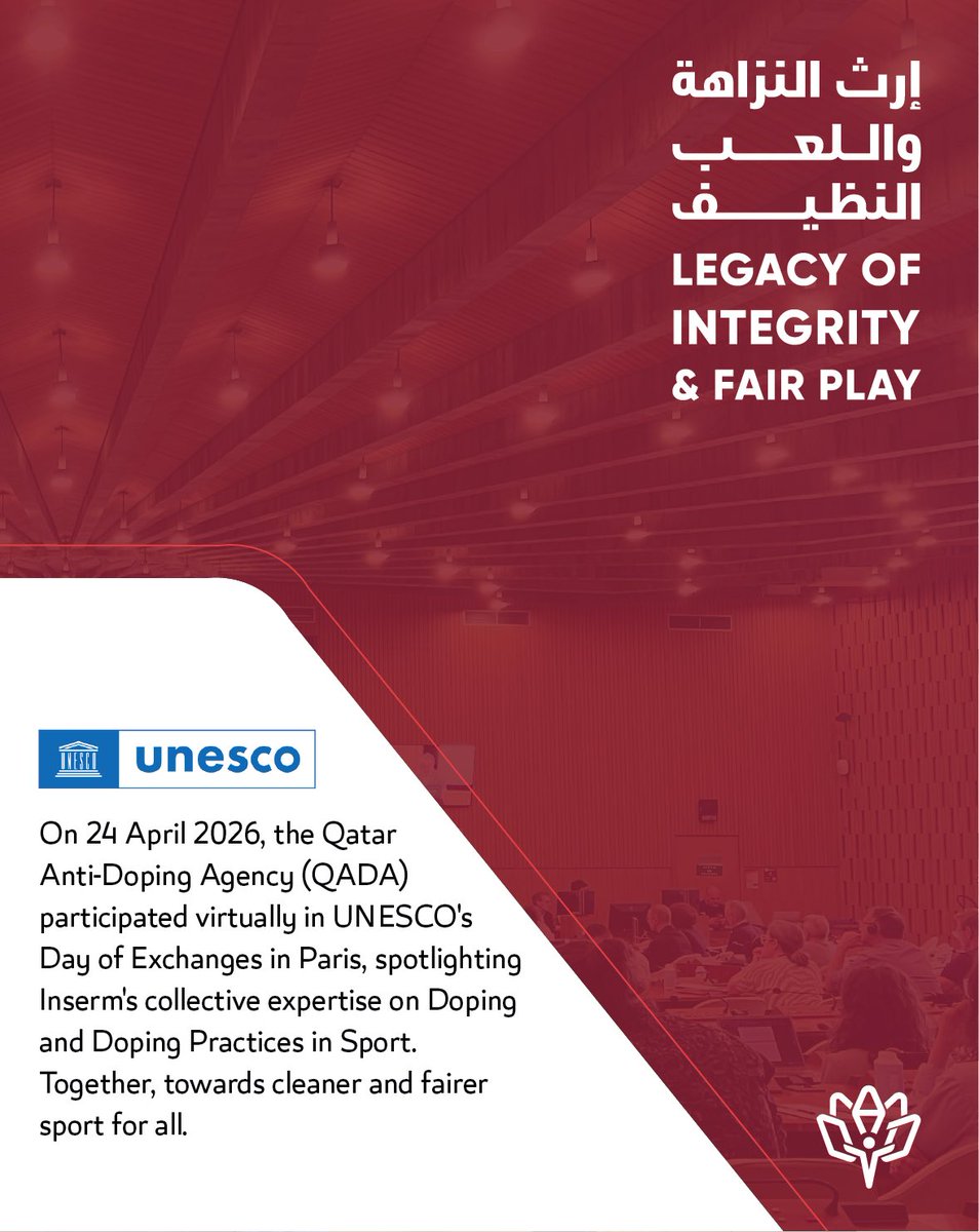 Qadaofficial's tweet photo. شاركت الوكالة القطرية لمكافحة المنشطات، بتاريخ 24 أبريل 2026، في يوم ��لتبادل المعرفي الذي استضافته منظمة اليونسكو في باريس، وذلك عبر خاصية الاتصال المرئي، حيث سُلّط الضوء على الخبرة الجماعية للمعهد الوطني الفرنسي للصحة والبحث الطبي (Inserm) في مجال المنشطات وممارساتها في الرياضة. خطوة نحو رياضة أنظف وأكثر عدالة للجميع.
On 24 April 2026. the Qatar Anti-Doping Agency (QADA) participated virtually in UNESCO's Day of Exchanges in Paris, spotlighting Inserm's collective expertise on Doping and Doping Practices in Sport. Together, towards cleaner and fairer sport for all.

#Qatar #CleanSport #AntiDoping #QADA #UNESCO #Paris #قطر #الرياضة_النظيفة #مكافحة_المنشطات