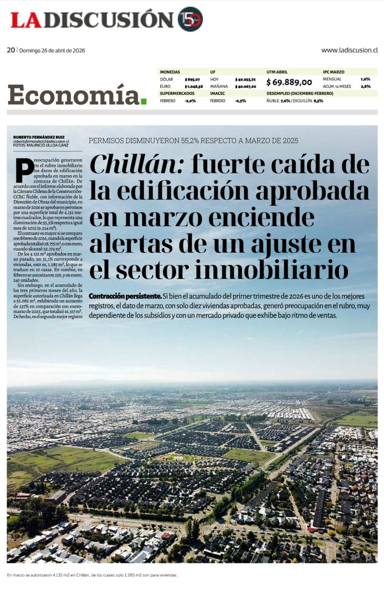 damikgi's tweet photo. La caída en la edificación en Chillán refleja una crisis más profunda en la inversión. Avanzar en la Ley de Reconstrucción no es opcional: es una herramienta clave para reactivar el sector, dar certezas y recuperar el dinamismo que hoy la región necesita con urgencia #Empleo https://t.co/1KEWVa3D1b