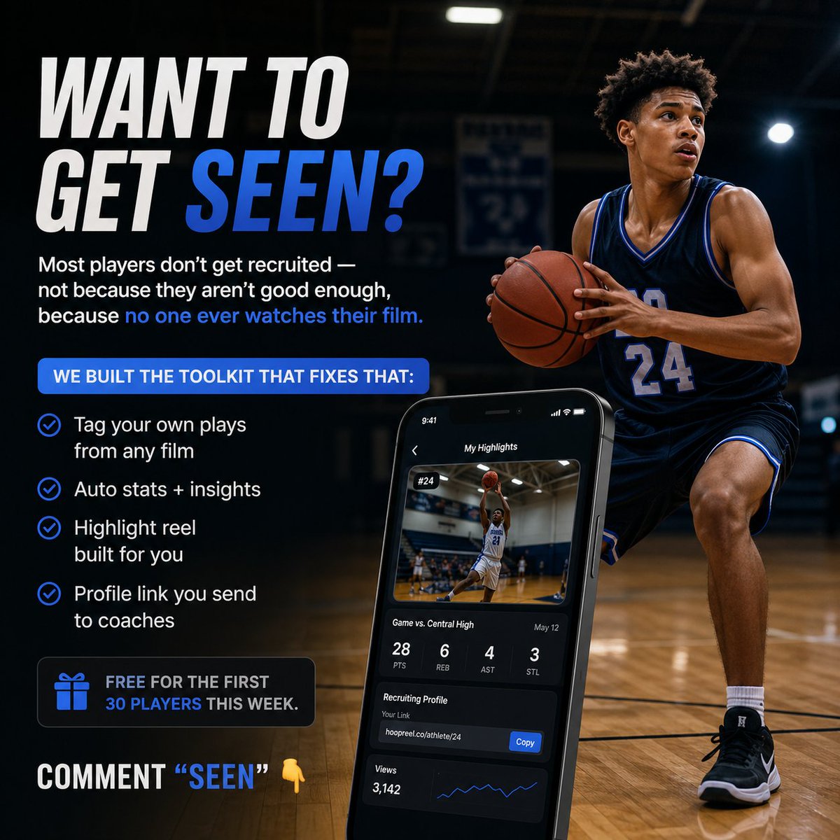 ScreenAssistApp's tweet photo. Want to get seen?                                                                                                                                                                                                                          
  Most players don't get recruited — not because they aren't good enough,
  because no one ever watches their film.

  We built the toolkit that fixes that:
  ✅ Tag your own plays from any film
  ✅ Auto stats + insights
  ✅ Highlight reel built for you
  ✅ Profile link you send to coaches

  Free for the first 30 players this week. Comment "SEEN" 👇