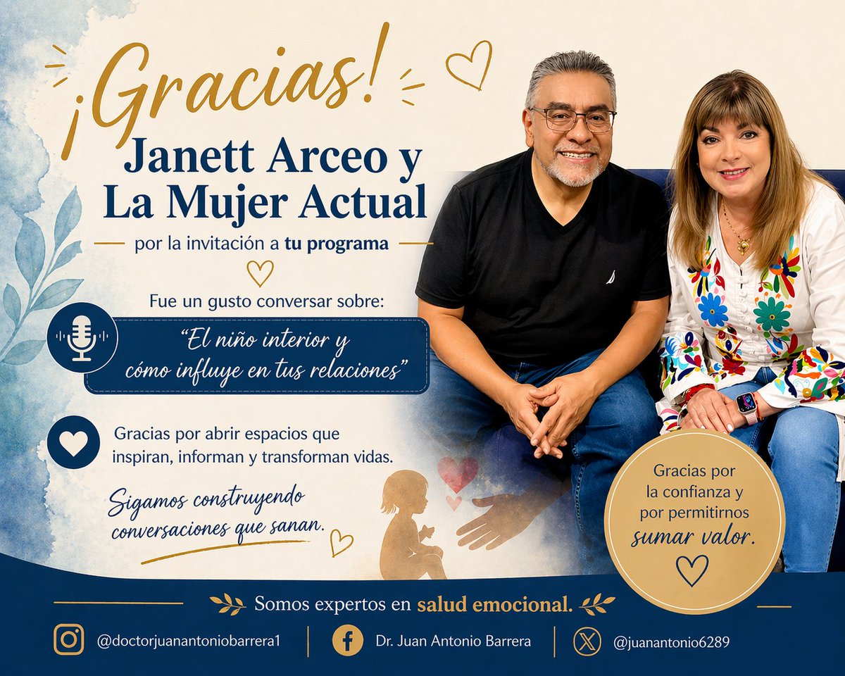 ✨ Gracias a <a href="/lamujeractual/">La Mujer Actual</a> a <a href="/janettarceo/">Janett Arceo</a> por este espacio tan valioso 💙
Hablamos de un tema que transforma:
🧠 El niño interior y cómo influye en tus relaciones
Porque lo que no sanas… lo repites.
🌿 Somos expertos en salud emocional.
Dr. Juan Antonio Barrera