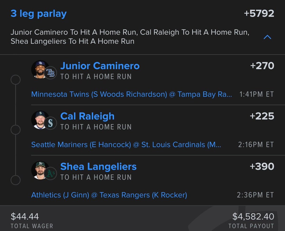 FlareGotLocks's tweet photo. 3 LEG HR PARLAY 💣

Junior Caminero HR (+270)
Cal Raleigh HR (+225)
Shea Langeliers HR (+390)

+5792 🤯

$44.44 → $4,582

If this CASHES… we’re giving away $100 to 3 people 👇🏽

Like
RT
Follow

Let’s go yard. LFG 🚀 https://t.co/DEGchfDhY8