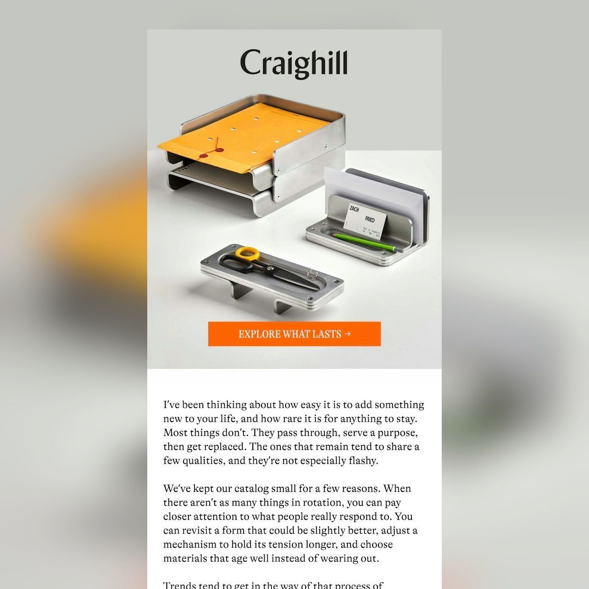 emaillove's tweet image. Typography, spacing, and color signal craftsmanship before you see a single product. "Fewer Things, Made Better" - Craighill's promise in 4 words. Restraint in design can speak volumes 🎨 #QualityOverQuantity #TypographyMatters