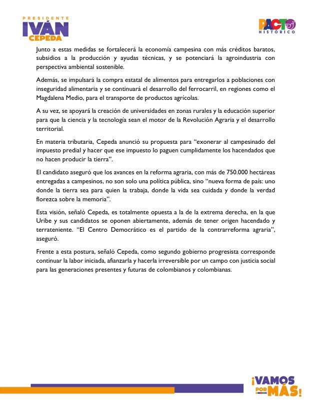 COMUNICADO

Iván Cepeda respondió desde La Dorada a las amenazas en su contra y presentó plan de Revolución Agraria 

La Dorada, 25 de abril de 2026.- El candidato presidencial del Pacto Histórico y la Alianza por la Vida, Iván Cepeda Castro, lideró un multitudinario evento en el