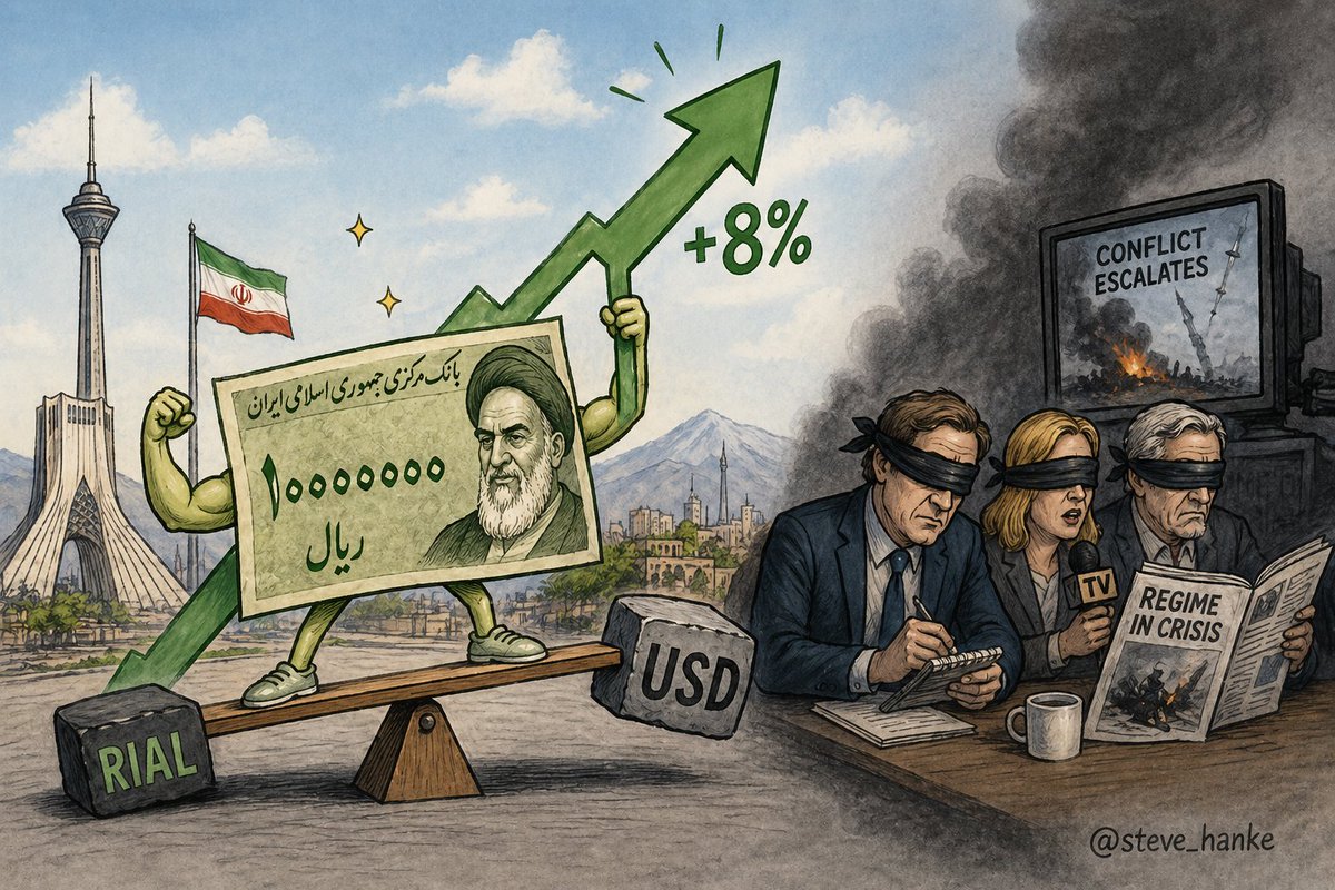 steve_hanke's tweet photo. Since the start of the US-Israeli war on Iran, the Iranian rial has APPRECIATED by 8% vs. the USD.

THE WESTERN MEDIA CONTINUES TO NOT REPORT ON THIS IMPORTANT STATISTIC. https://t.co/U7feV9L31L