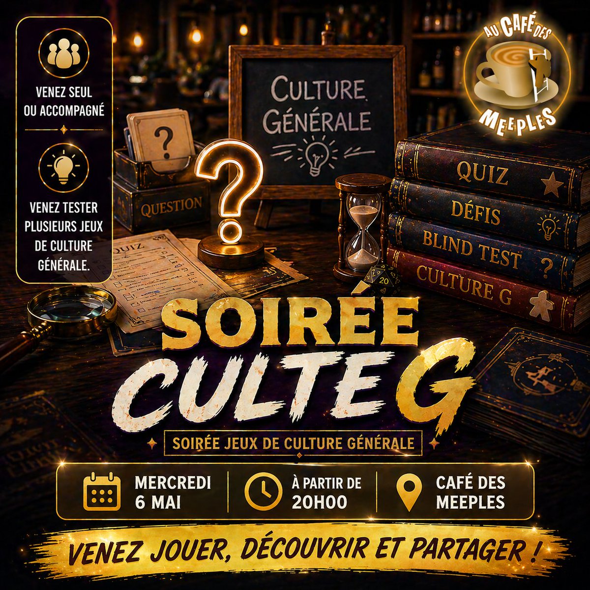 cafe_meeples_84's tweet image. 🧠 Soirée Culture G au Café des Meeples !
👉 Quiz, défis, … venez tester vos connaissances 🔥
👥 Venez seul ou accompagné
🗓 Mercredi 6 mai
🕒 Dès 20h00
📍 Café des Meeples
👉 Venez jouer, découvrir et partager !
#JeuxDeSociété #Quiz #CultureG #SoiréeJeux #Sortie #GamingFR