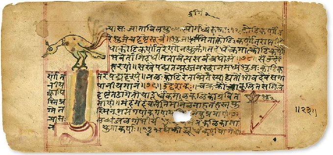 Math_files's tweet photo. A page from the Siddhānta-Śiromaṇi, a renowned work by Indian mathematician Bhāskara II (c. 1114–1185), showing an early application of the Pythagorean theorem in the corner. https://t.co/KVWgUFLIEB