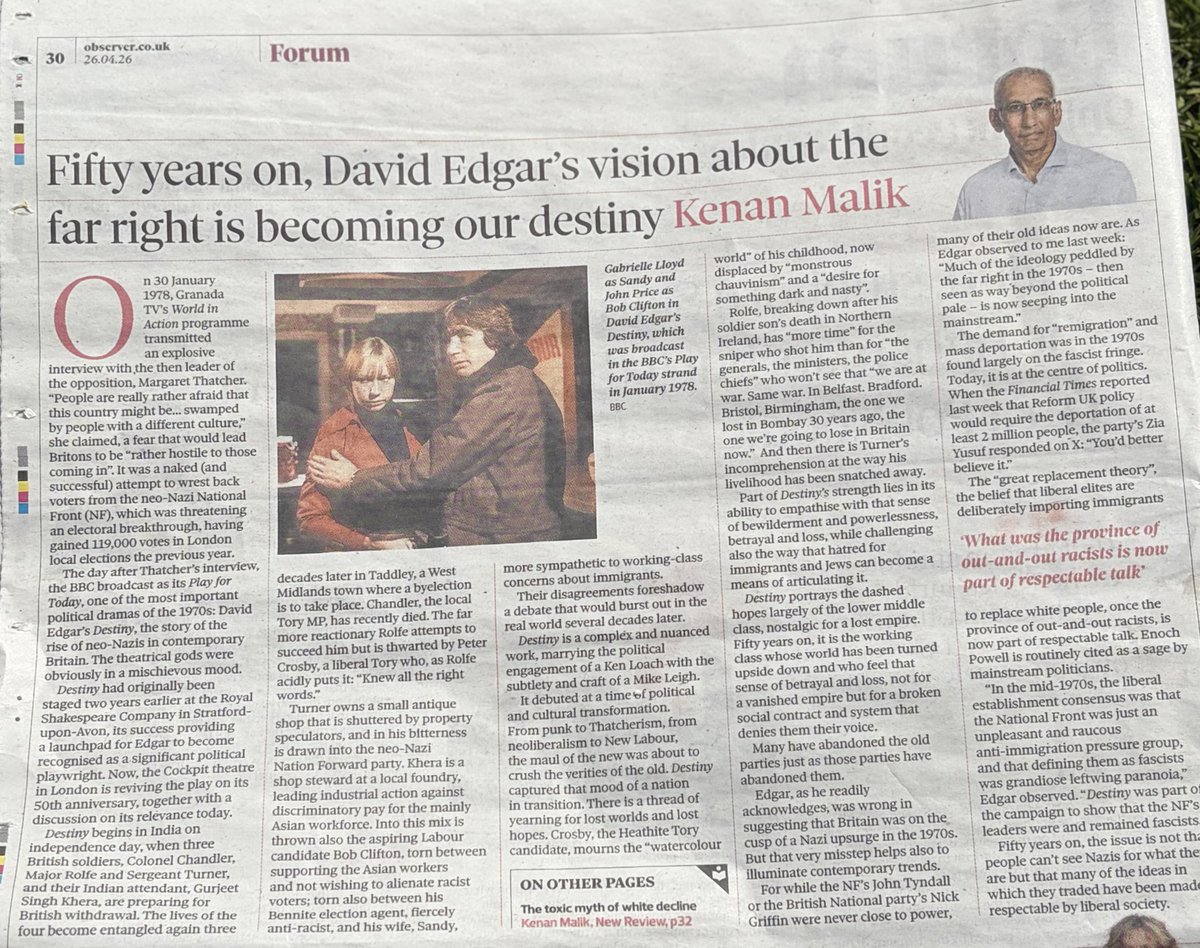 LauraPh222's tweet image. ⁦@kenanmalik⁩:David Edgar: ‘"Much of the ideology peddled by the far right in the 1970s - then seen as way beyond the political pale - is now seeping into the mainstream."1/ How apropos+exhilerating it wd be to see @BBC produce Edgar’s play #Destiny
Any chance Suzy Klein?
