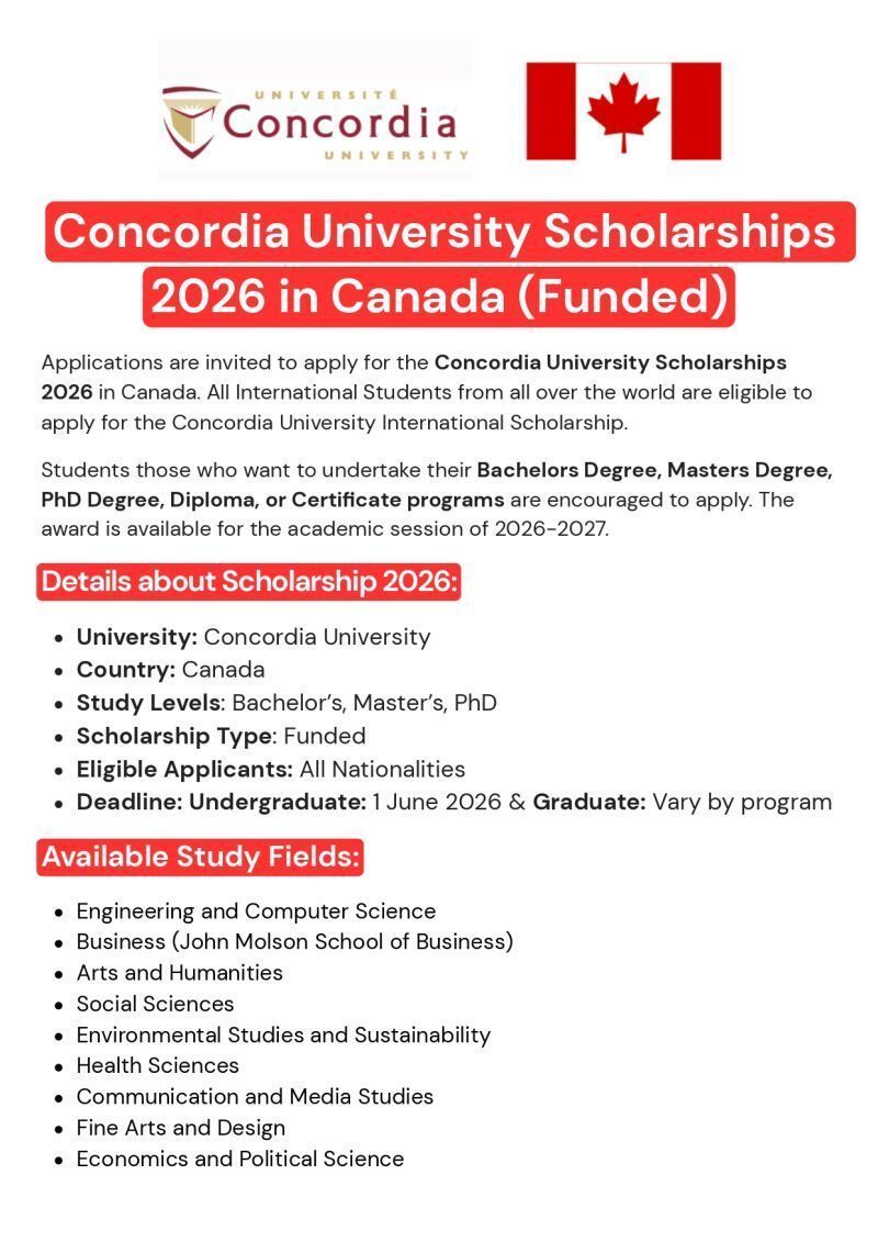 opportunityhub4's tweet image. 🌍Concordia University Scholarships In Canada 2027 (Fully Funded): 
Applications are open to international students for undergraduate and graduate programs. 
✅ Open to students worldwide 
📌 Intake: September 2027 
Apply now: lnkd.in/dGrbRafd

#Scholarships #StudyAbroad