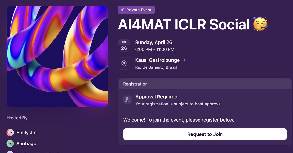 BenKompa's tweet photo. Link to register for the AIMAT social @iclr_conf below! come meet the @LilaSciences team https://t.co/iZqEhKLFAs
