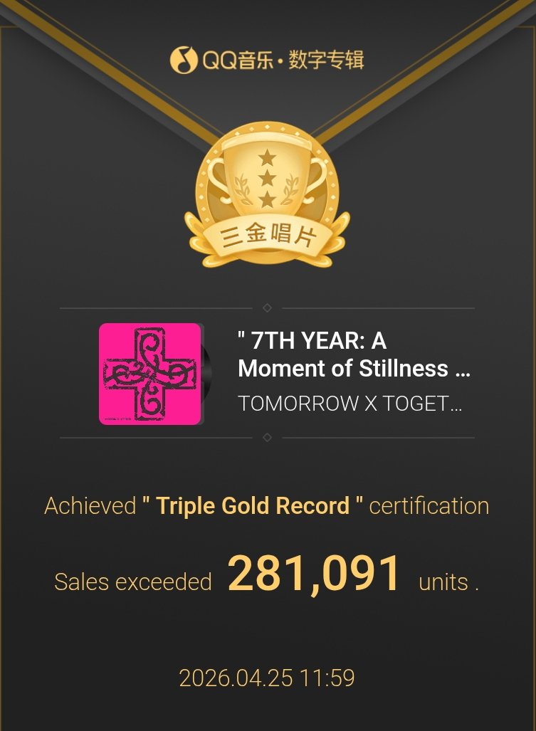 TXTChartData's tweet photo. .@TXT_members "7TH YEAR: A Moment of Stillness in the Thorns" has received Triple Gold Record Certification on QQ Music. 🇨🇳 https://t.co/k3lftI0iRN