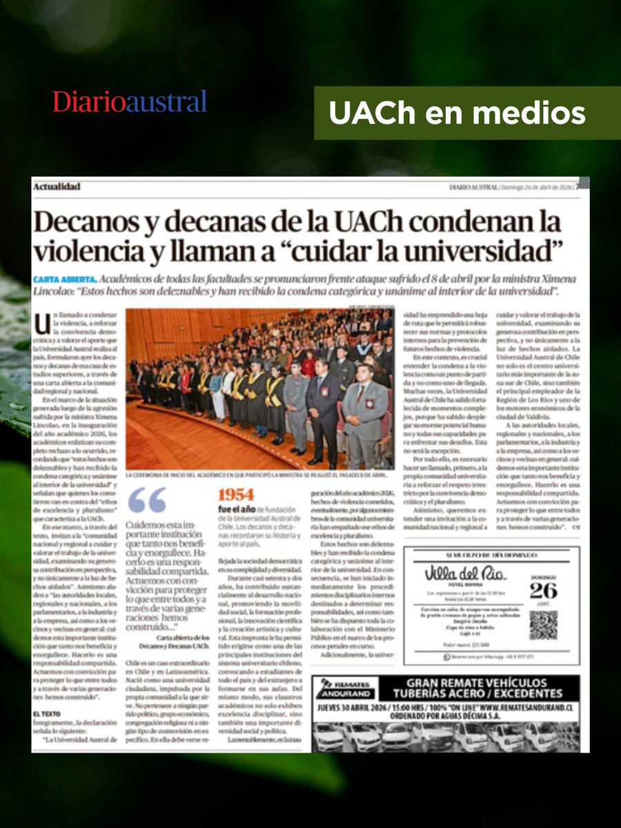 UAustraldeChile's tweet photo. Prensa 🗞️:

Compartimos publicación en Diario Austral de Los Ríos.

"A las autoridades locales, regionales y nacionales, a los parlamentarios, a la industria y a la empresa, así como a los vecinos y vecinas en general: cuidemos esta importante institución que tanto nos beneficia y enorgullece", Decanos y Decanas de la Universidad Austral de Chile.