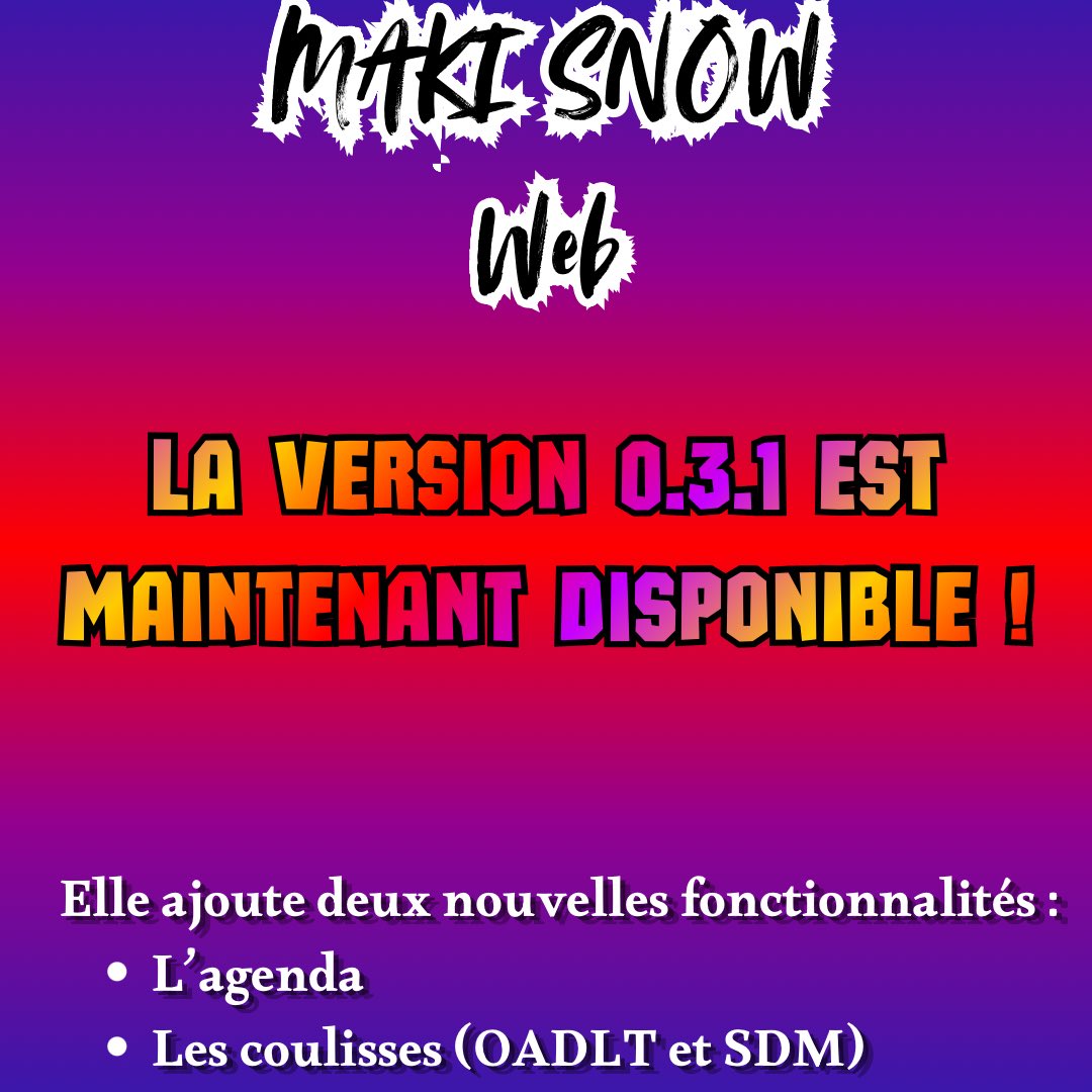 groupemakisnow's tweet photo. Bonne nouvelle !
La version 0.3.1 de MAKI SNOW Web est maintenant disponible.
Cette mise à jour apporte plusieurs nouveautés, l’Agenda et un accès aux Coulisses. https://t.co/i8R2lH2Hhh